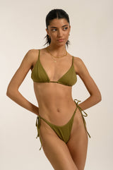 BIKINI DOLLS Daria bikini bottom with side ties and back ruching detail in Olive
