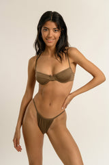 BIKINI DOLLS Jasmine minimal high cut bikini bottom with thin side straps in Mocha Brown