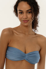 BIKINI DOLLS Juliette bandeau bikini top with ruching detail in Silver Blue closeup