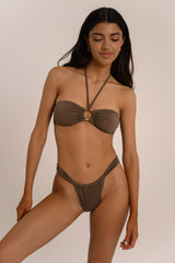BIKINI DOLLS Amina bandeau bikini top with silver front ring in Mocha brown