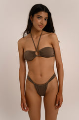 BIKINI DOLLS Amina bandeau bikini top with silver front ring in Mocha brown video