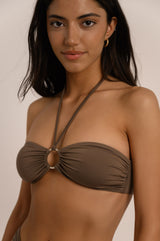 BIKINI DOLLS Amina bandeau bikini top with silver front ring in Mocha brown close up