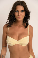 BIKINI DOLLS Bella ruched balconette-style underwire bikini top in Ivory off-white close up