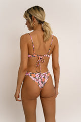 BIKINI DOLLS Bella ruched balconette-style underwire bikini top in the Les Fleurs vintage floral print back view