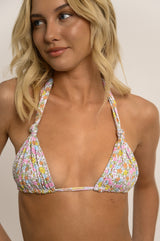 BIKINI DOLLS Cindy triangle bikini top with adjustable knots in the So Ditsy floral print close up