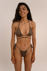 BIKINI DOLLS Gigi minimal bikini bottom with adjustable coverage and side ties in Mocha brown with matching top