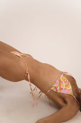 BIKINI DOLLS Gigi minimal triangle bikini top with sliding cups and ring detailing in the Paloma colorful wavy print with matching bottom side view