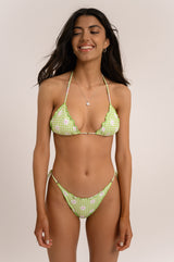 BIKINI DOLLS June ruffled triangle bikini top with sliding cups and ring detailing in the Picnic light green checked print