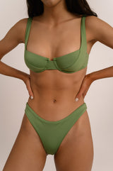 BIKINI DOLLS Valerie underwire balconette bikini top in Verde light olive green with matching bottom close up