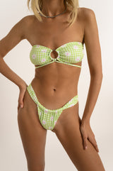 BIKINI DOLLS Amina bandeau bikini top with silver front ring in the Picnic light green checked print with matching bottom close up