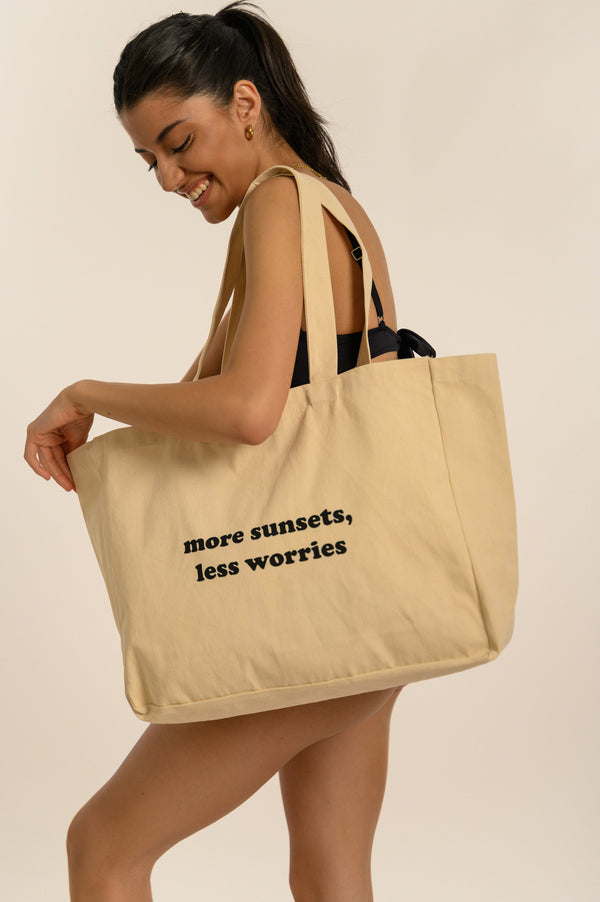 BIKINI DOLLS Beach Tote Bag in Ivory with summer quote