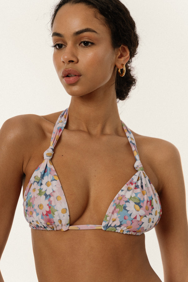 BIKINI DOLLS Cindy triangle bikini top with adjustable knots in Pastel Bloom portrait