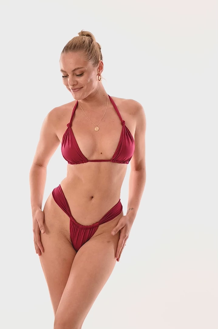 BIKINI DOLLS Cindy ruched high cut bikini bottom in Merlot video
