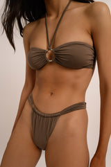 BIKINI DOLLS Amina bandeau bikini top with silver front ring in Mocha brown with matching bottom close up