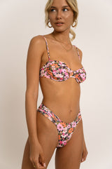 BIKINI DOLLS Bella high-cut bikini bottom with ruched sides in the Les Fleurs vintage floral print