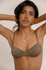 BIKINI DOLLS Bella ruched balconette-style underwire bikini top in Mocha brown close up