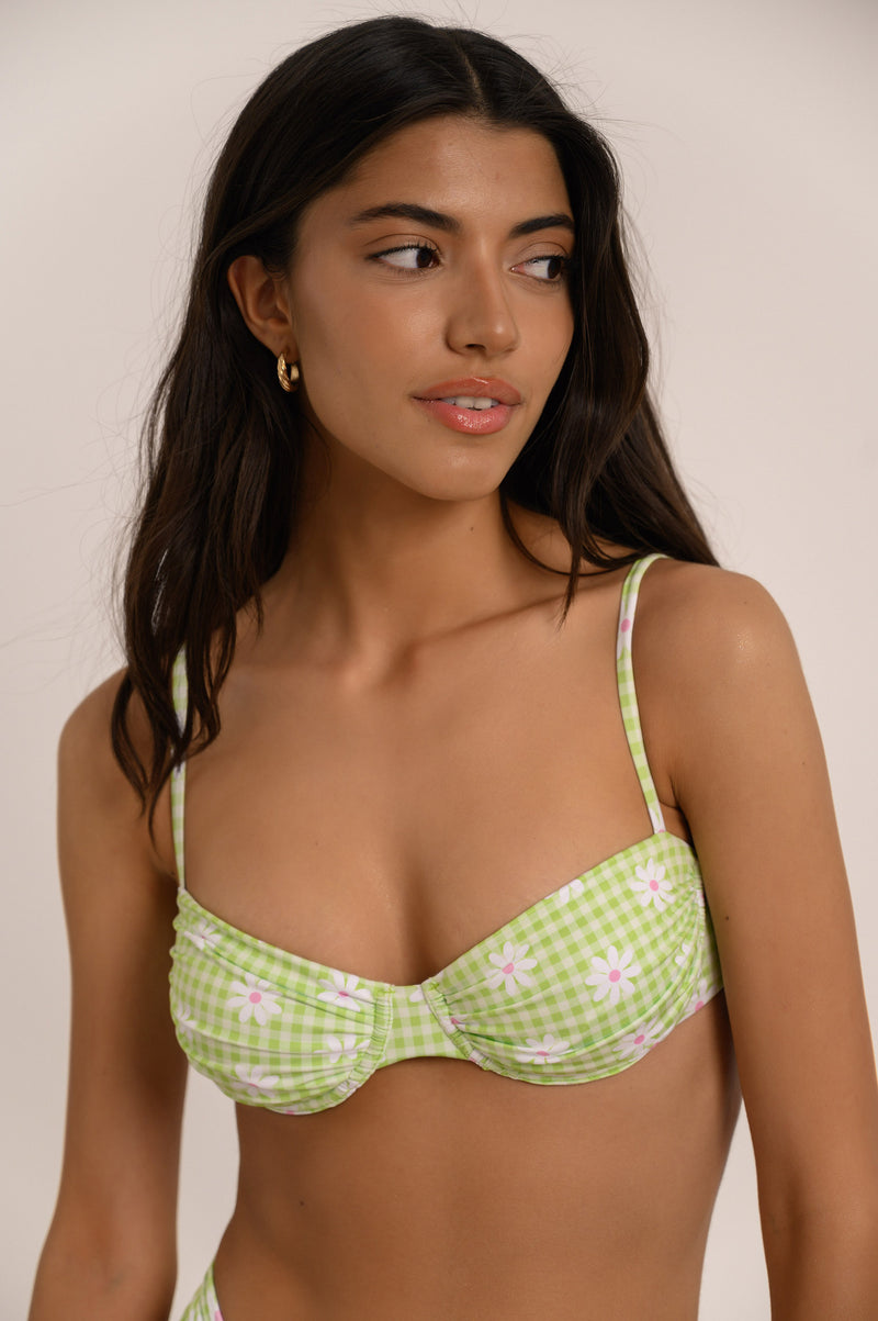BIKINI DOLLS Bella ruched balconette-style underwire bikini top in the Picnic light green checked print close up