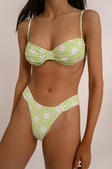 BIKINI DOLLS Bella ruched balconette-style underwire bikini top in the Picnic light green checked print with matching bottom close up