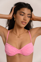 BIKINI DOLLS Bella ruched balconette-style underwire bikini top in Pink close up