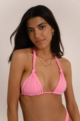 BIKINI DOLLS Cindy triangle bikini top with adjustable knots in Pink close up