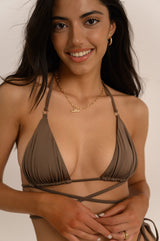 BIKINI DOLLS Gigi minimal triangle bikini top with sliding cups and ring detailing in Mocha brown close up