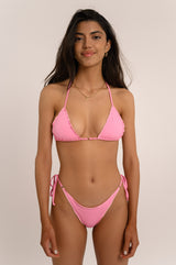 BIKINI DOLLS June ruffled bikini bottom with side ties and ring detailing in Pink with matching top