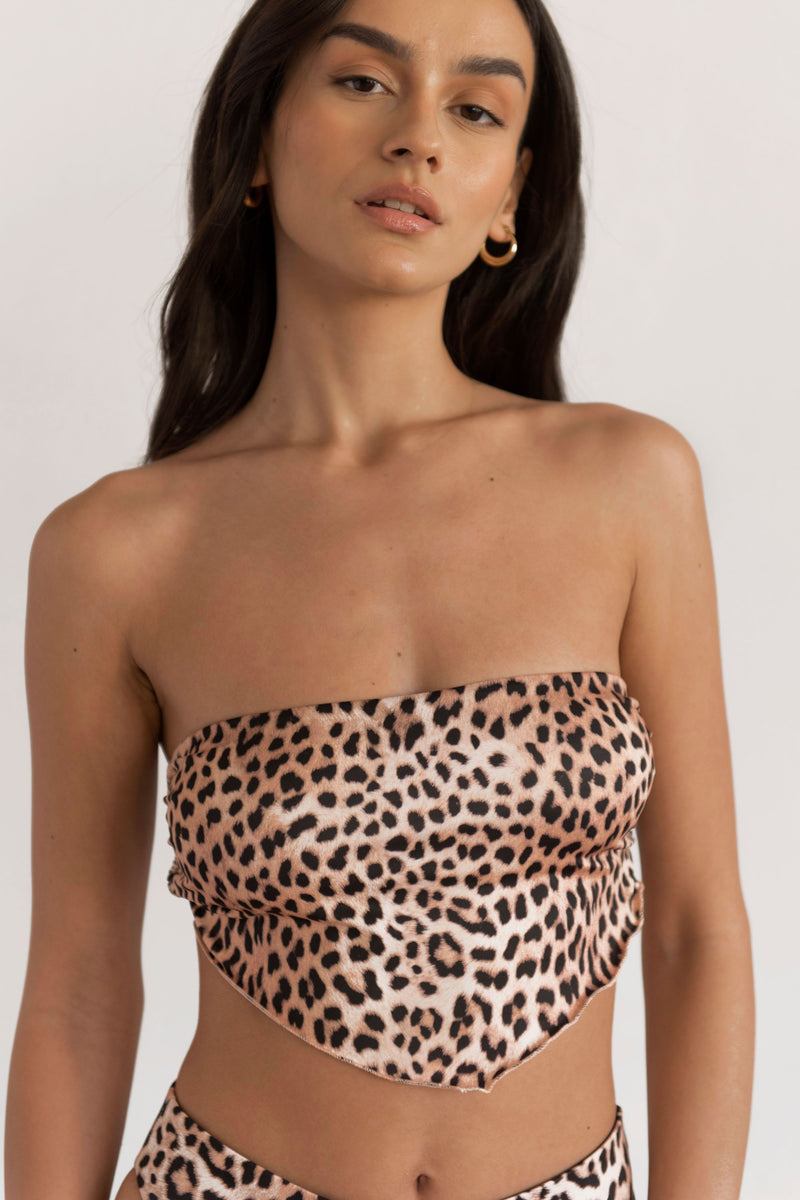 BIKINI DOLLS Luna bandana scarf-like reversible bandeau bikini top in Just Leopard animal print