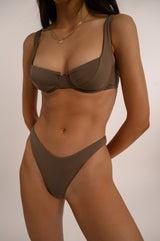 BIKINI DOLLS Valerie underwire balconette bikini top in Mocha brown with matching bottom close up